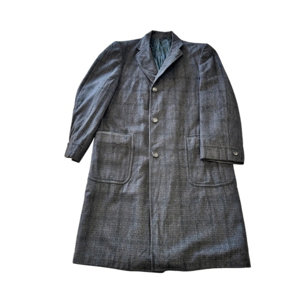Vintage 60s Robert Hall Grey Wool Overcoat Plaid Mid Century 3 Button‎ Mens L